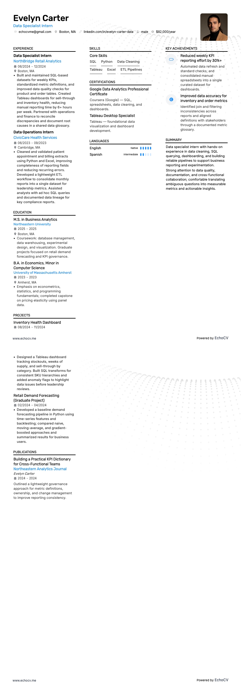 Data Specialist Intern example resume