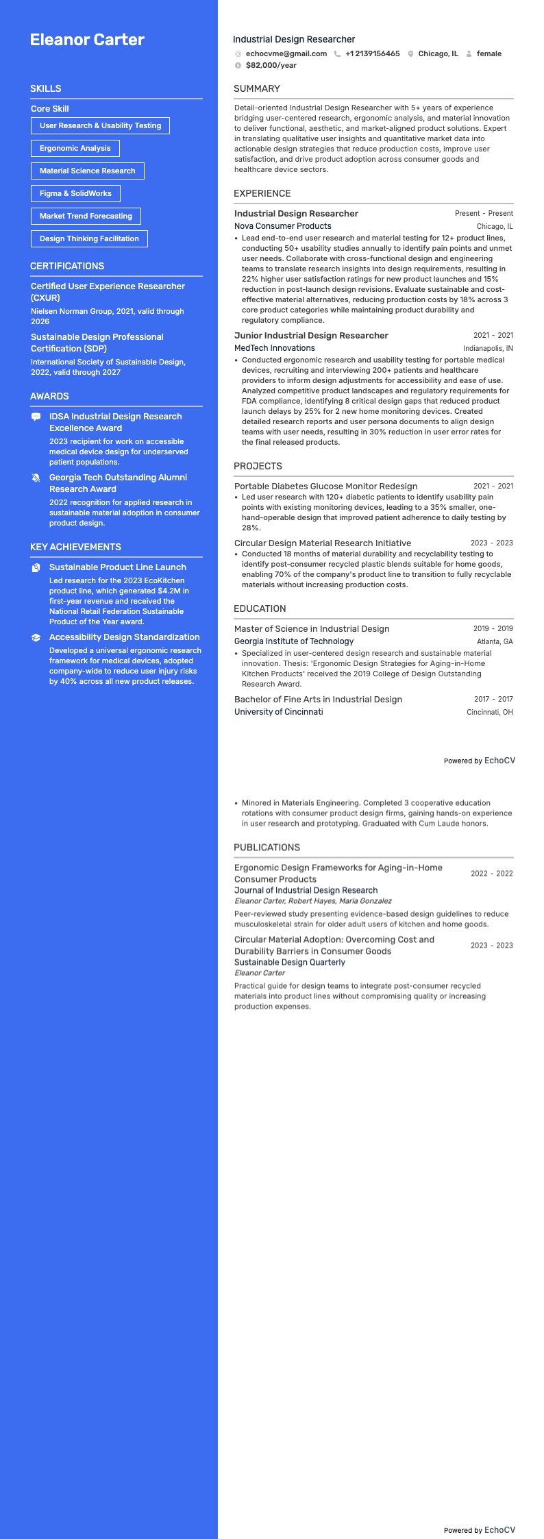 インダストリアルデザイン研究者 example resume