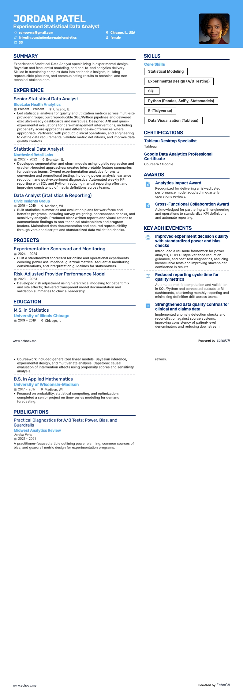 Experienced Statistical Data Analyst example resume