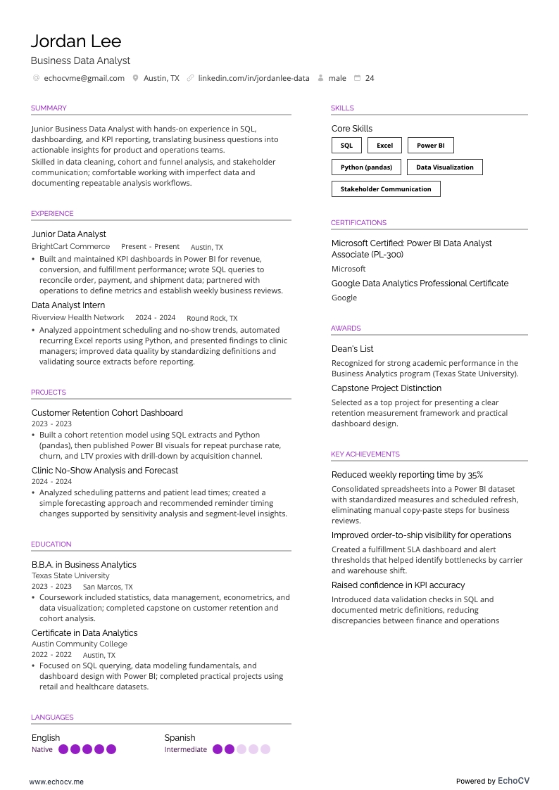 Business Data Analyst example resume