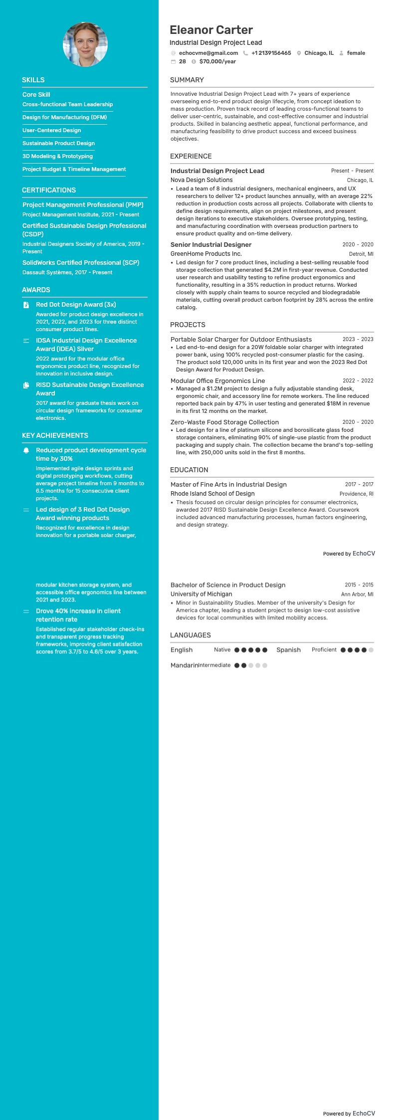 インダストリアルデザイン プロジェクトリード example resume