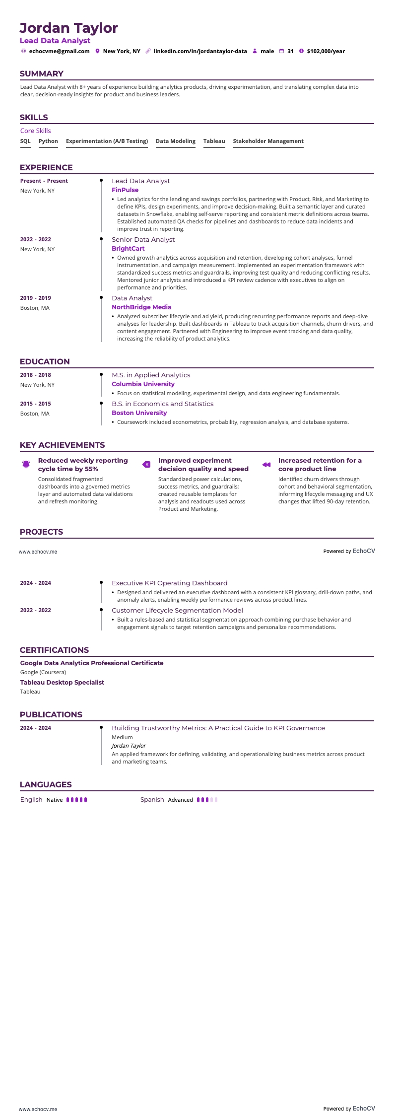 Lead Data Analyst example resume