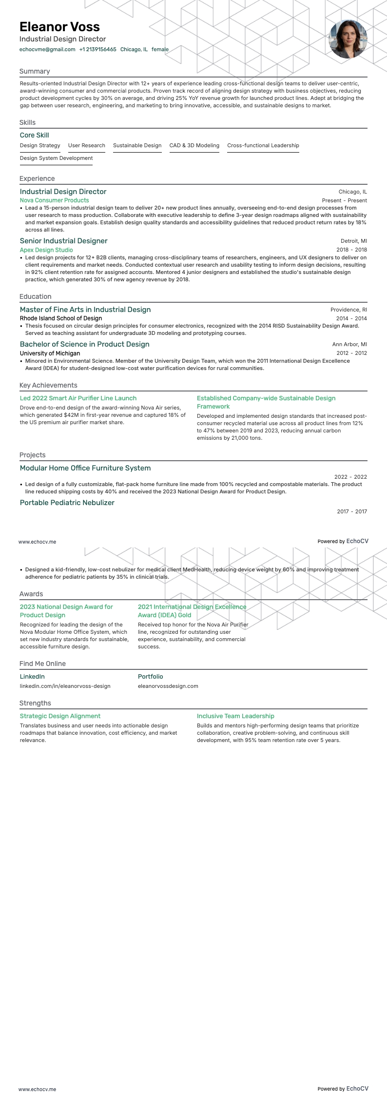 インダストリアルデザイン部長 example resume