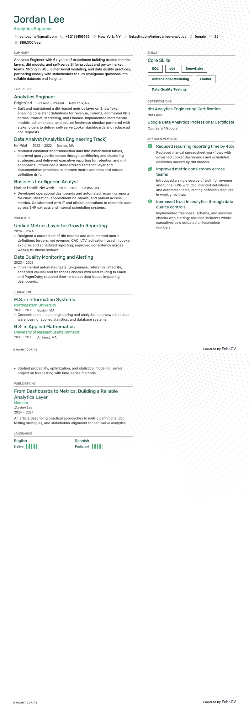 Ingegnere di analisi example resume