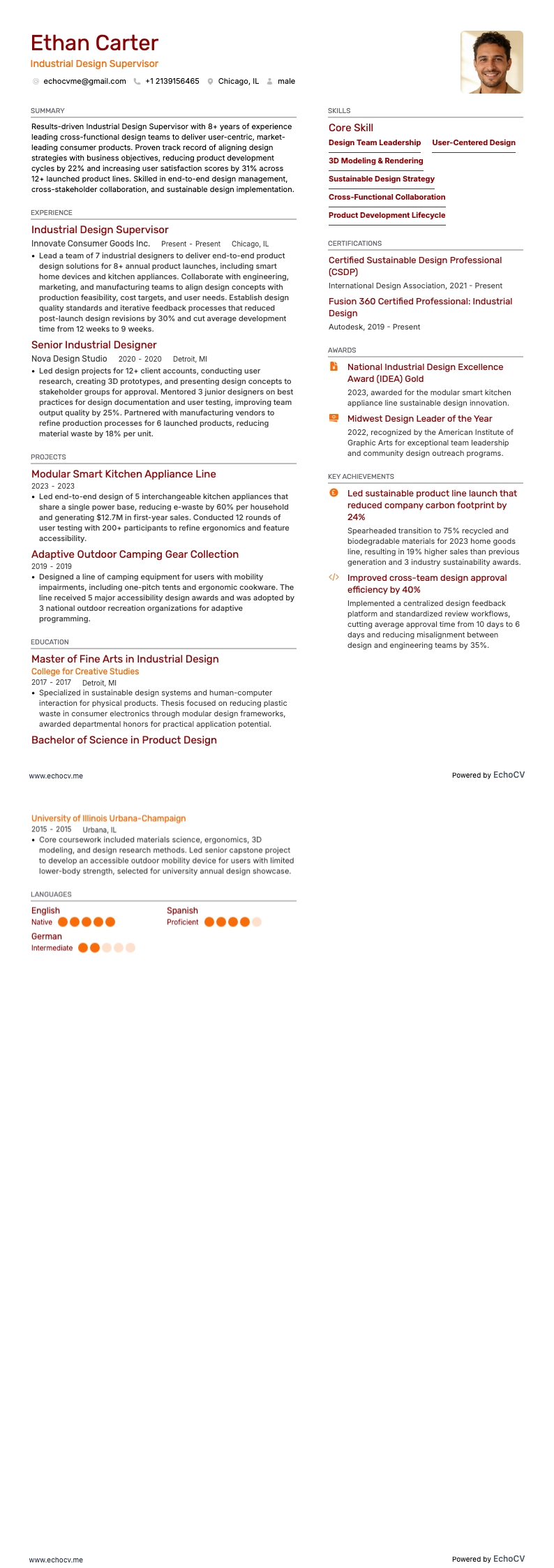 インダストリアルデザイン監督者 example resume