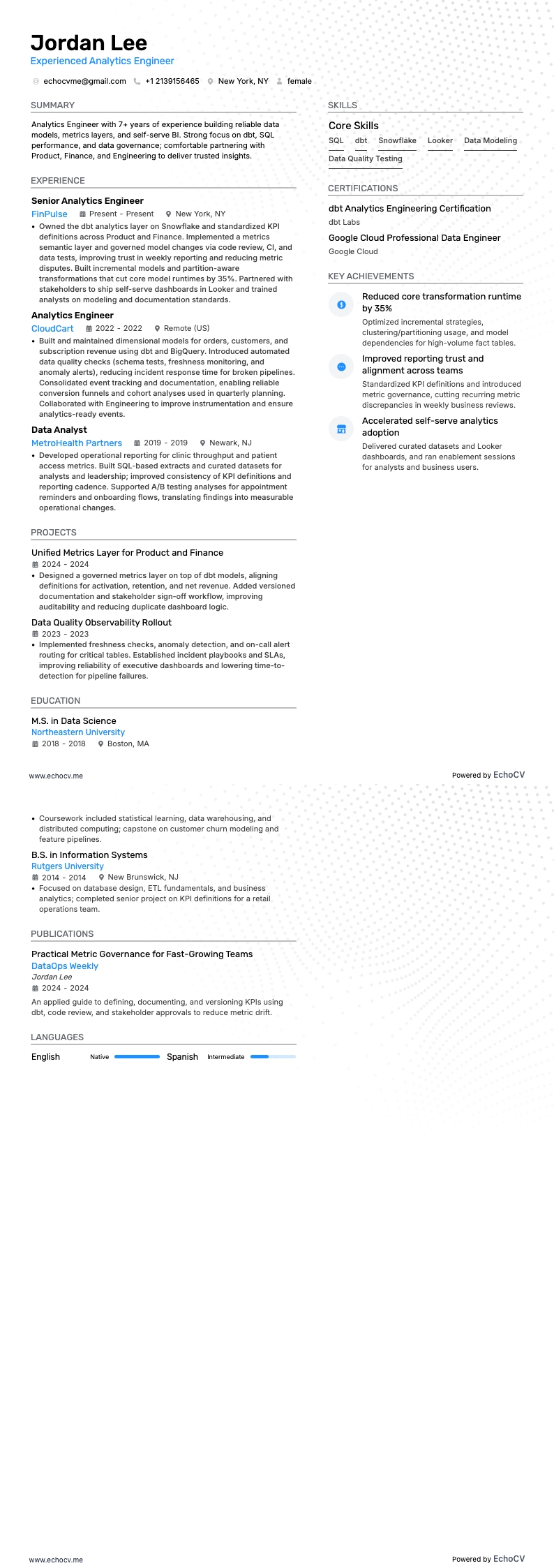 Ingegnere di analisi resume example