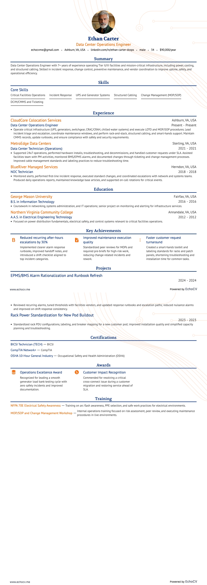 Data Center Operations Engineer example resume