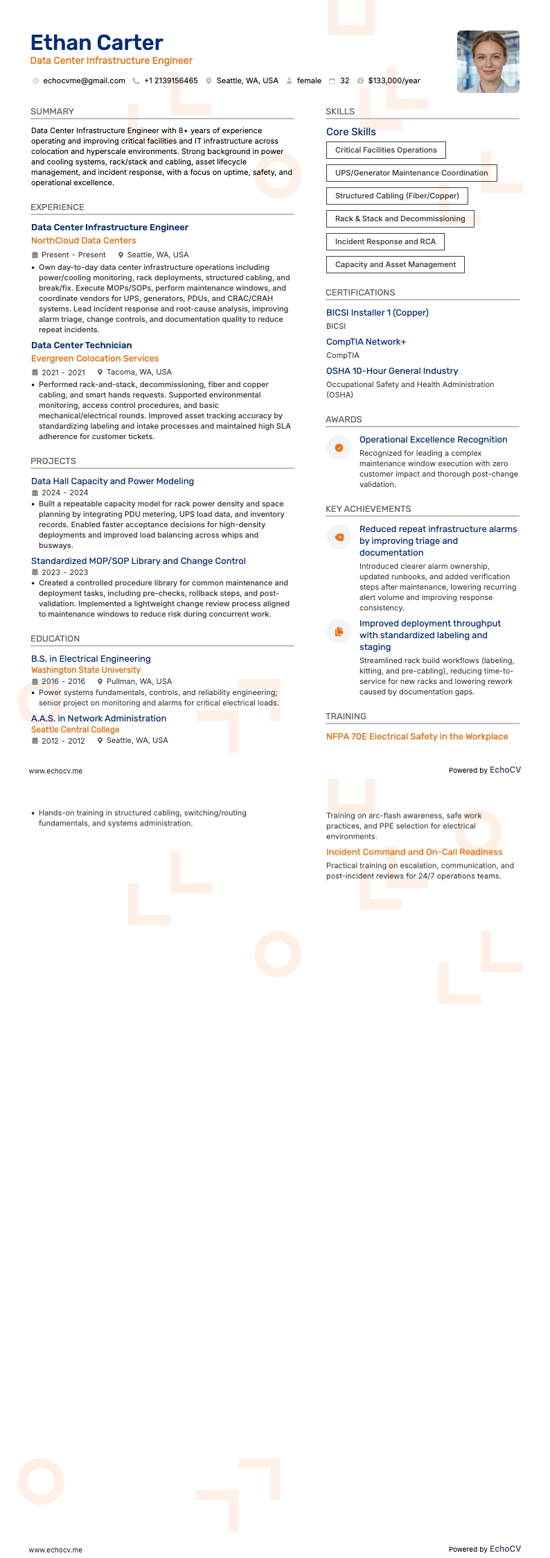 Data Center Infrastructure Engineer example resume