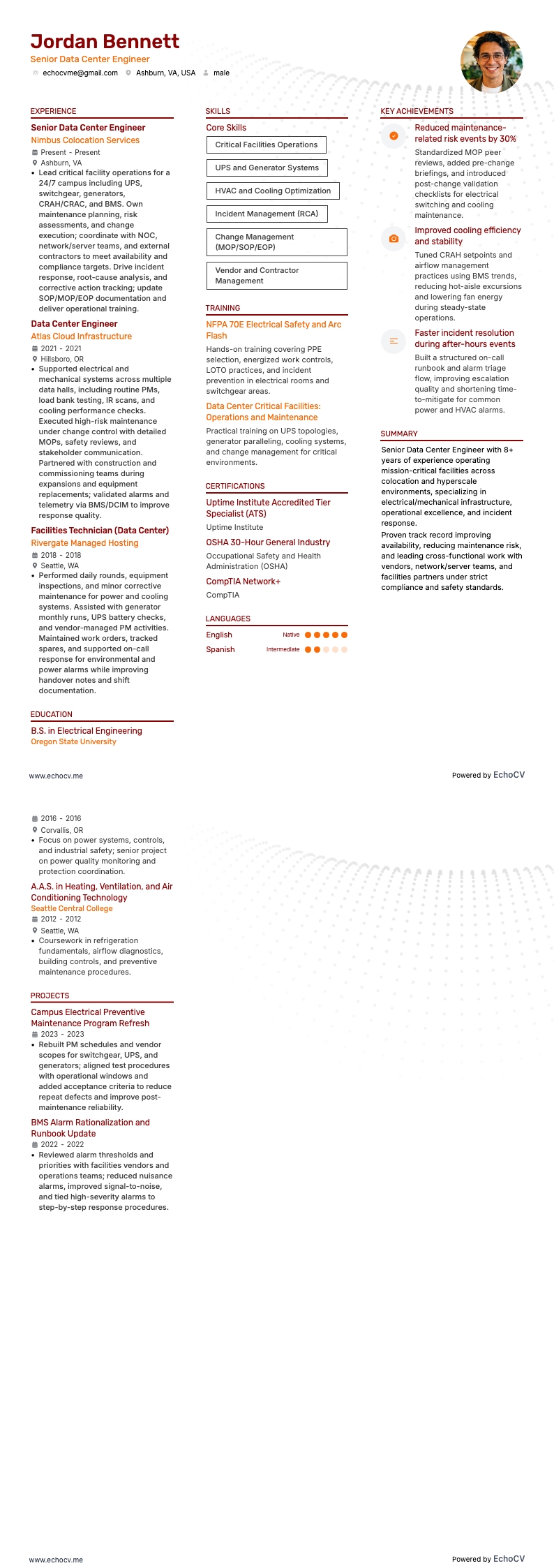 Kỹ sư trung tâm dữ liệu resume example