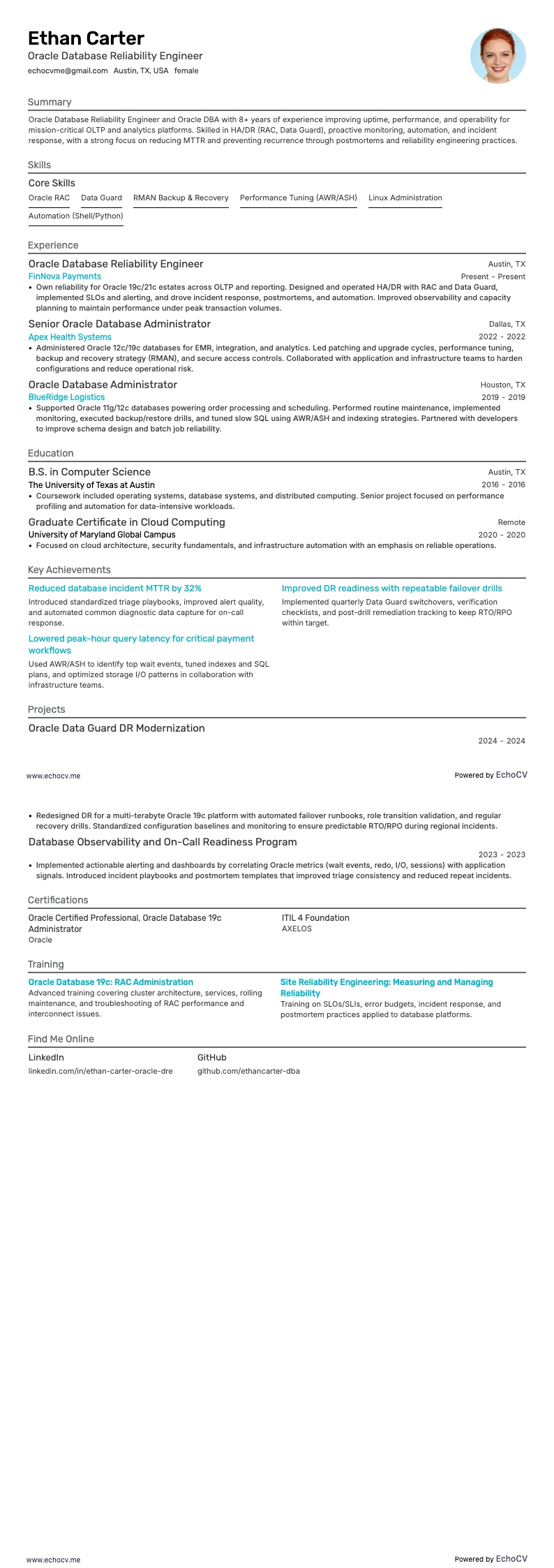 Oracle 데이터베이스 신뢰성 엔지니어 example resume
