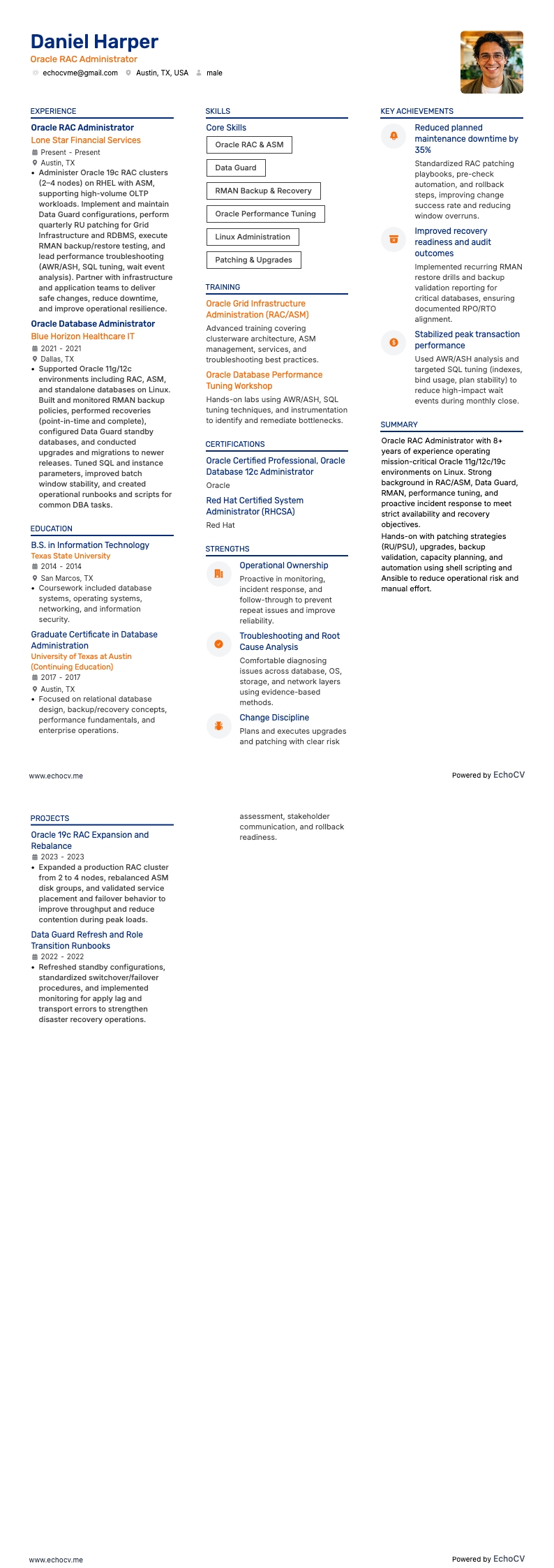 Quản trị viên cơ sở dữ liệu Oracle resume example