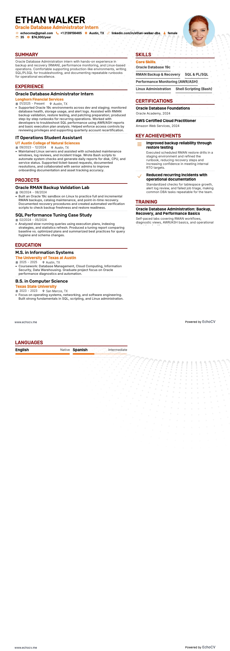 Oracle 데이터베이스 관리자 인턴 resume example