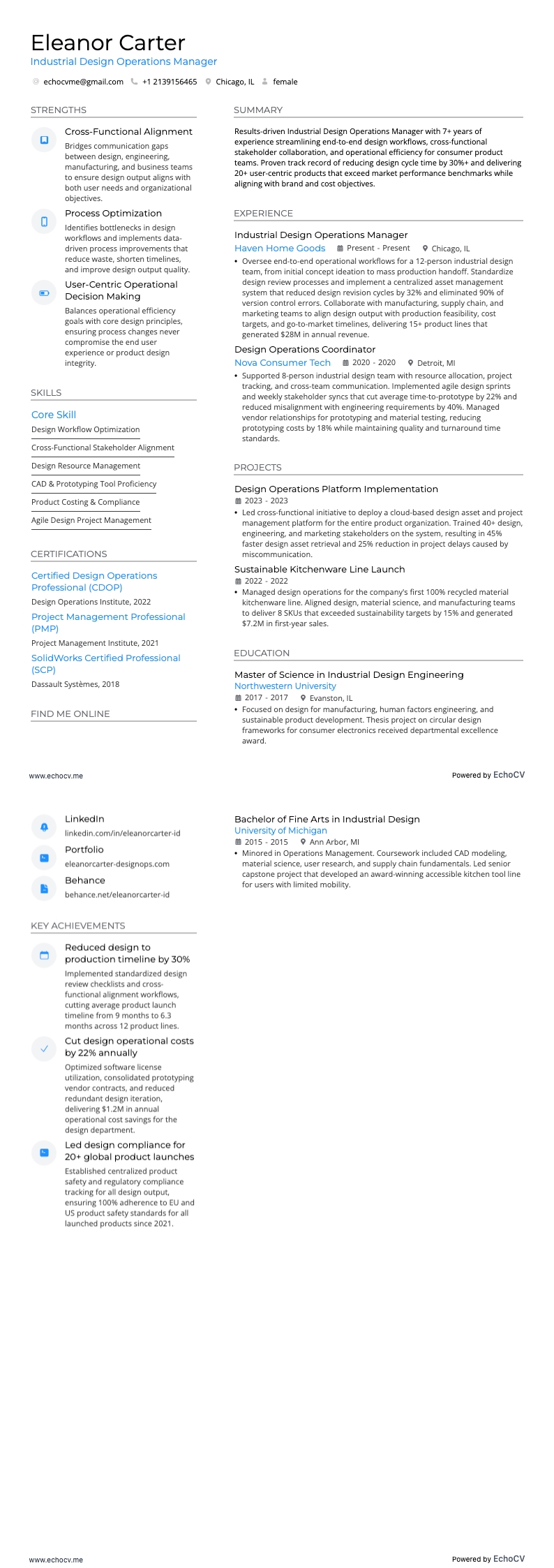 インダストリアルデザイン運営マネージャー example resume