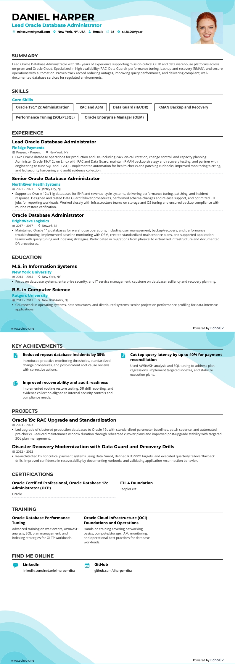 수석 Oracle 데이터베이스 관리자 example resume