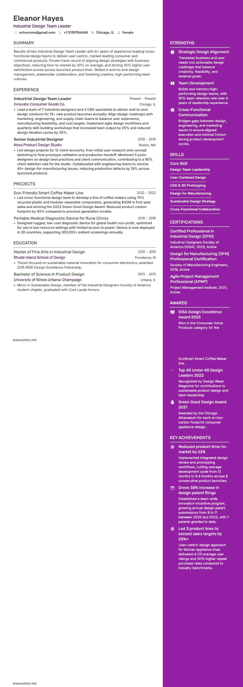 インダストリアルデザインチームリーダー example resume