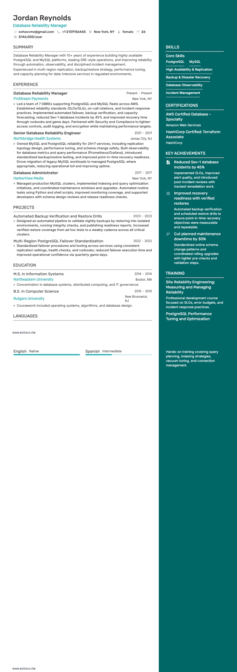 Database Reliability Manager example resume