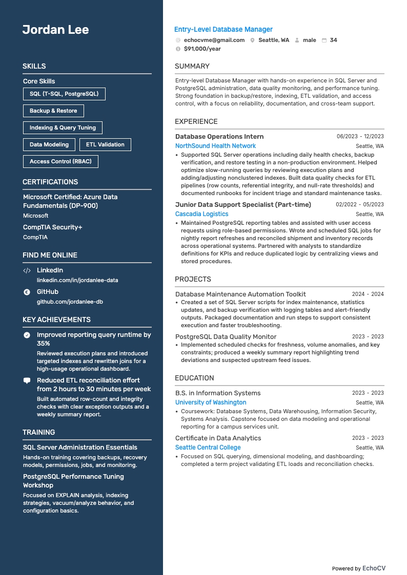 Entry-Level Database Manager example resume