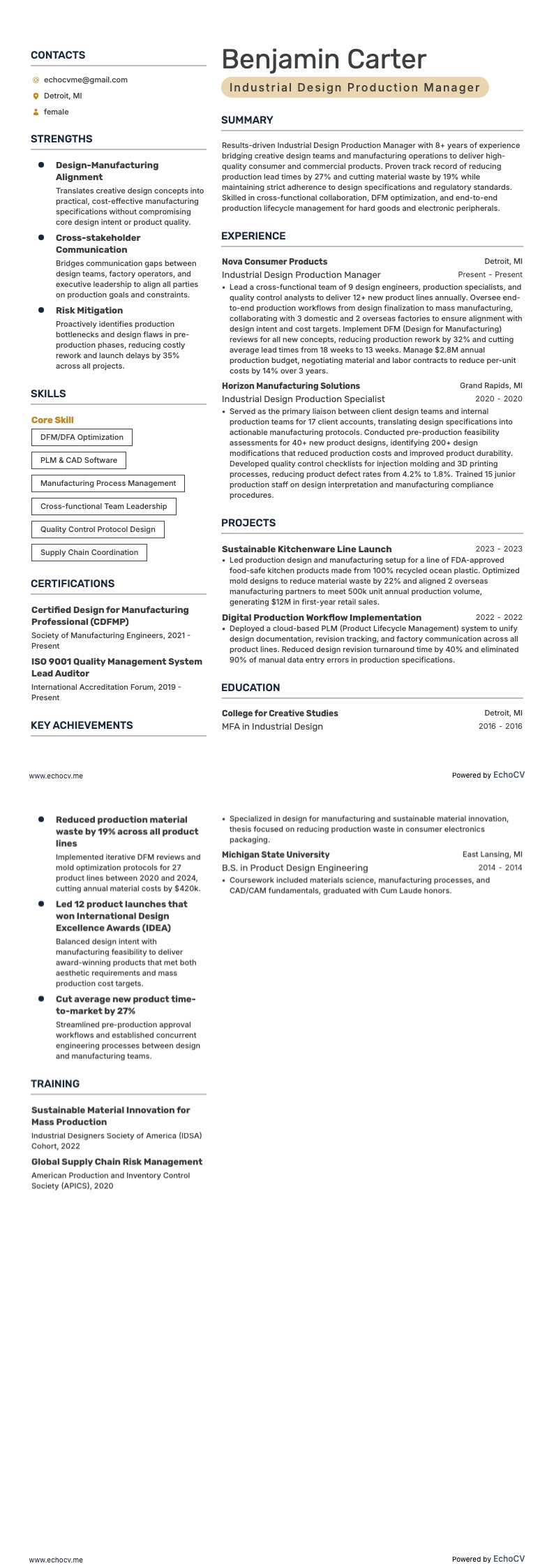 工業デザイン生産マネージャー example resume