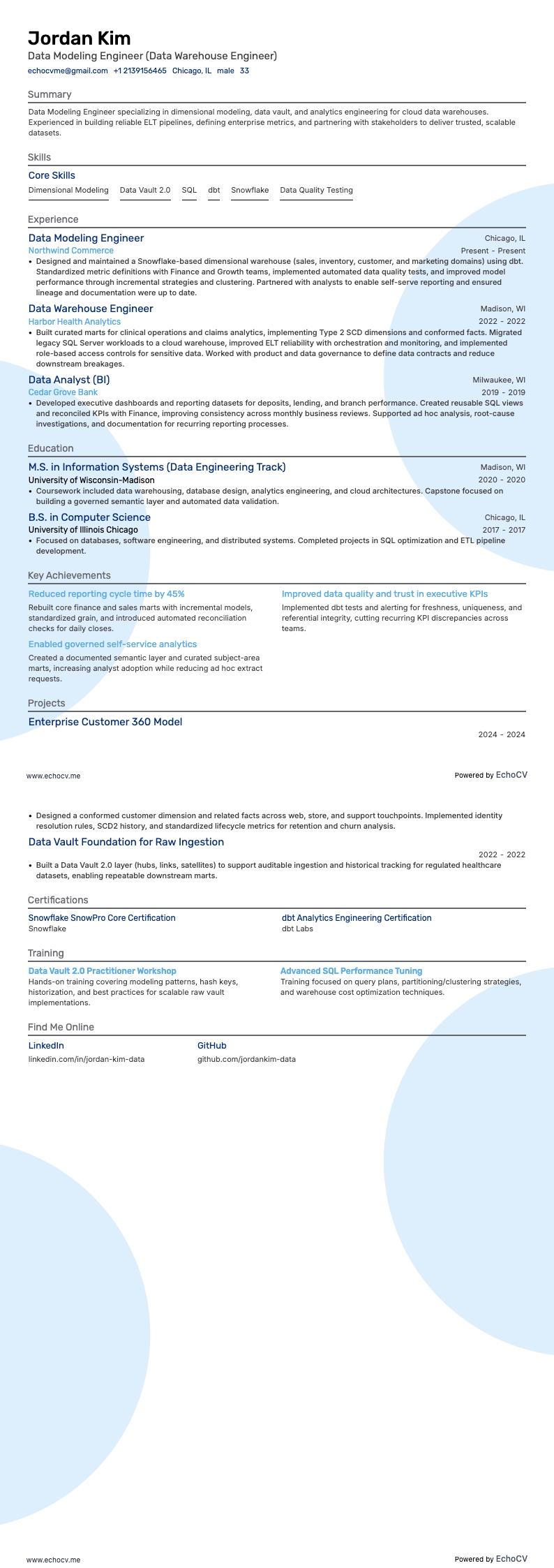Data Modeling Engineer example resume