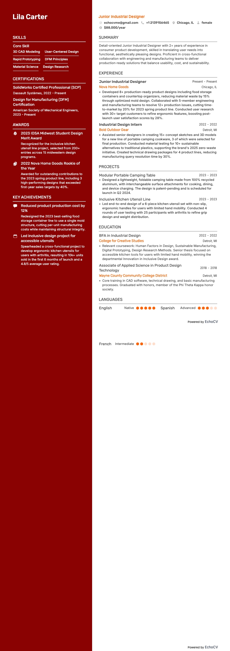 ジュニア工業デザイナー example resume