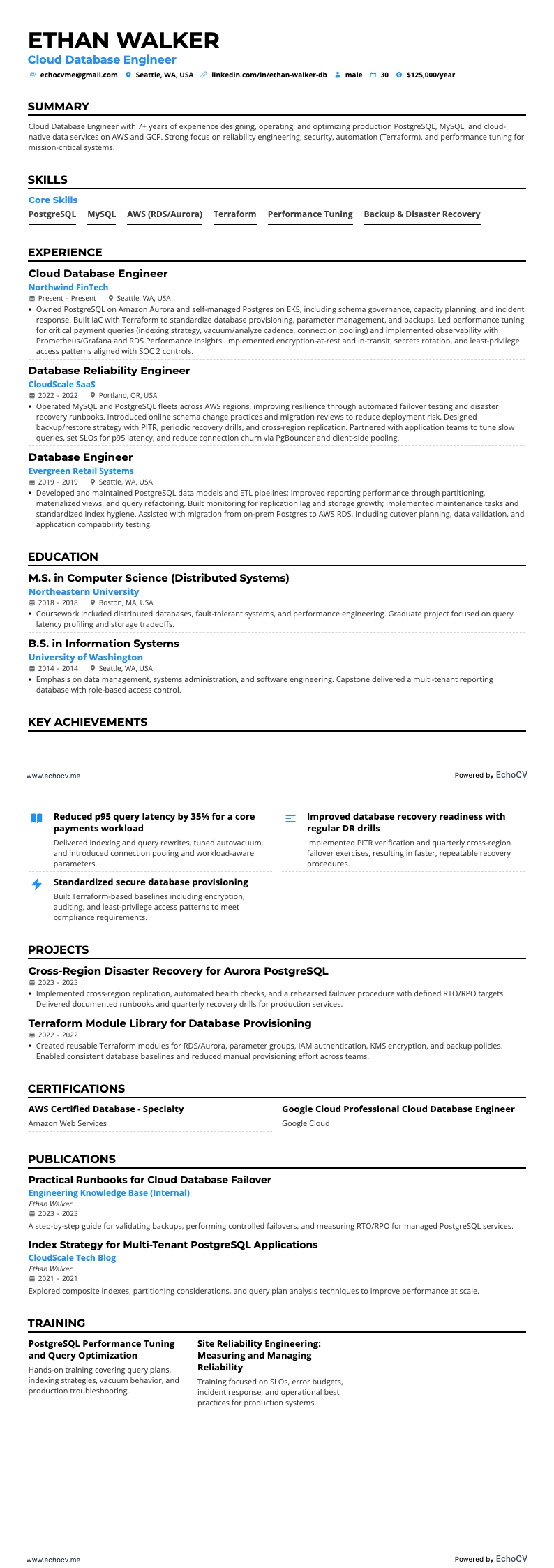 Cloud Database Engineer example resume
