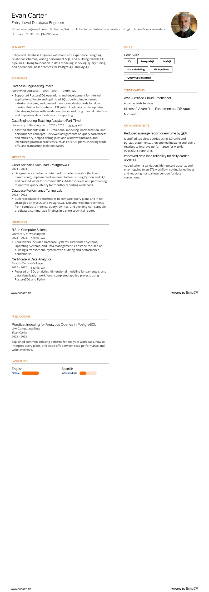 Entry-Level Database Engineer example resume