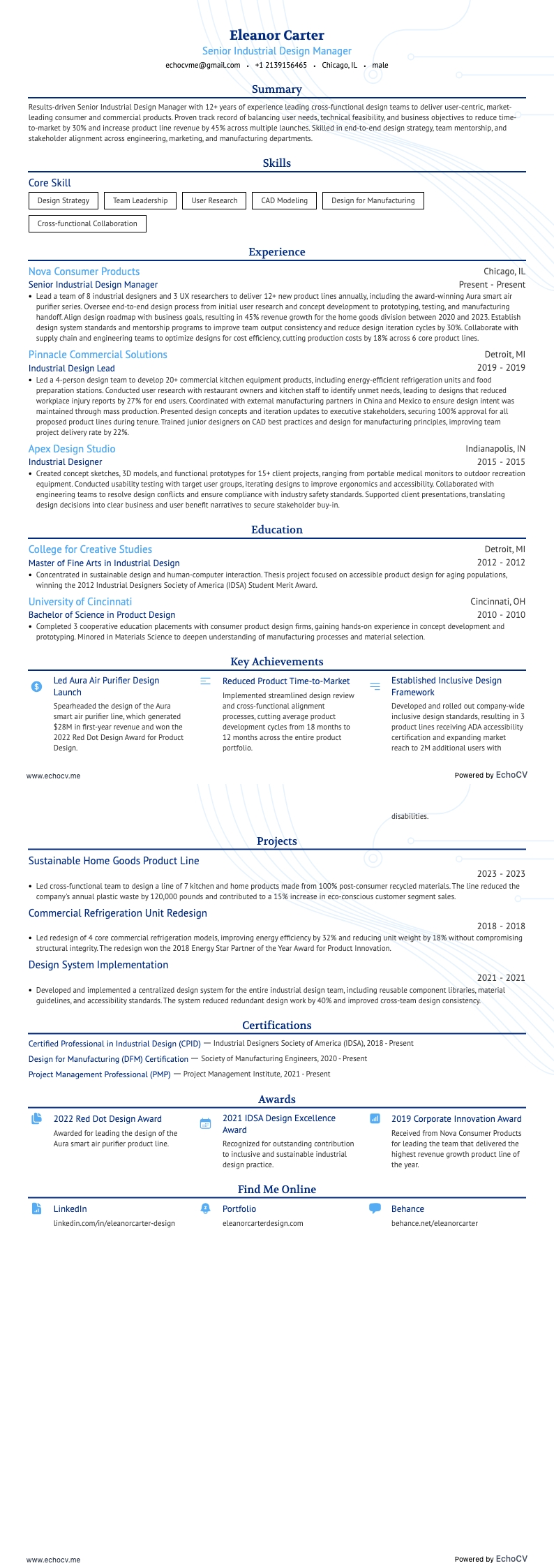シニア工業デザインマネージャー example resume