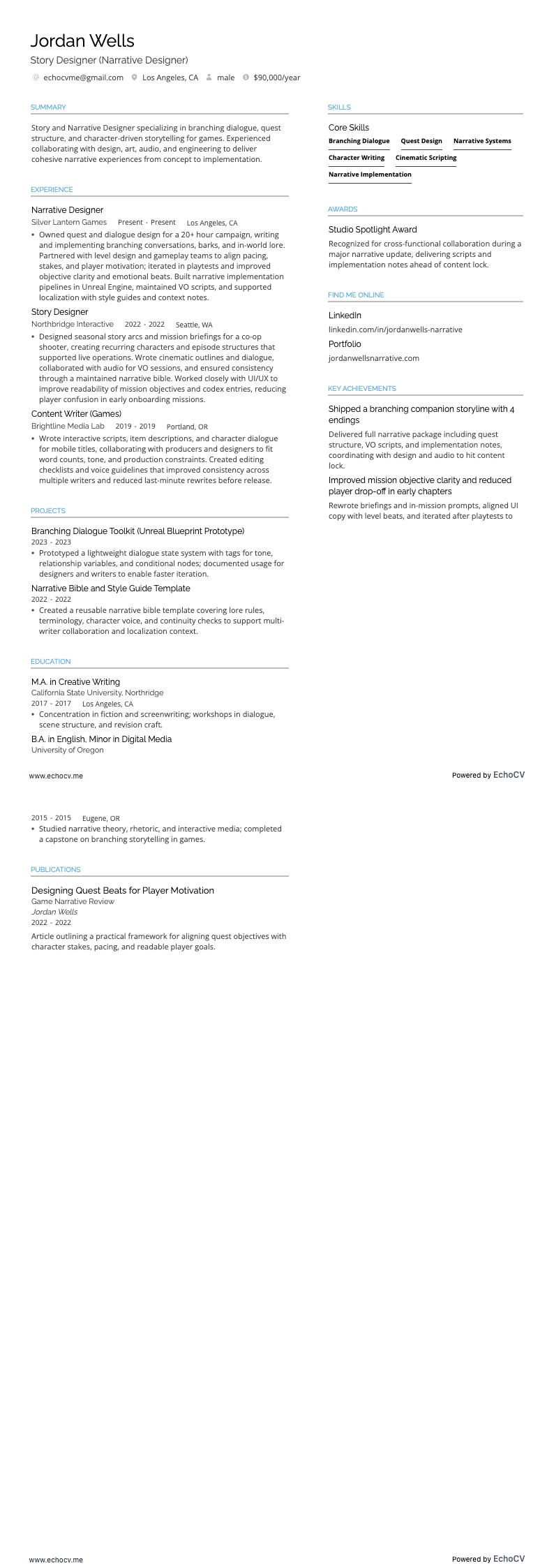 Storydesigner example resume