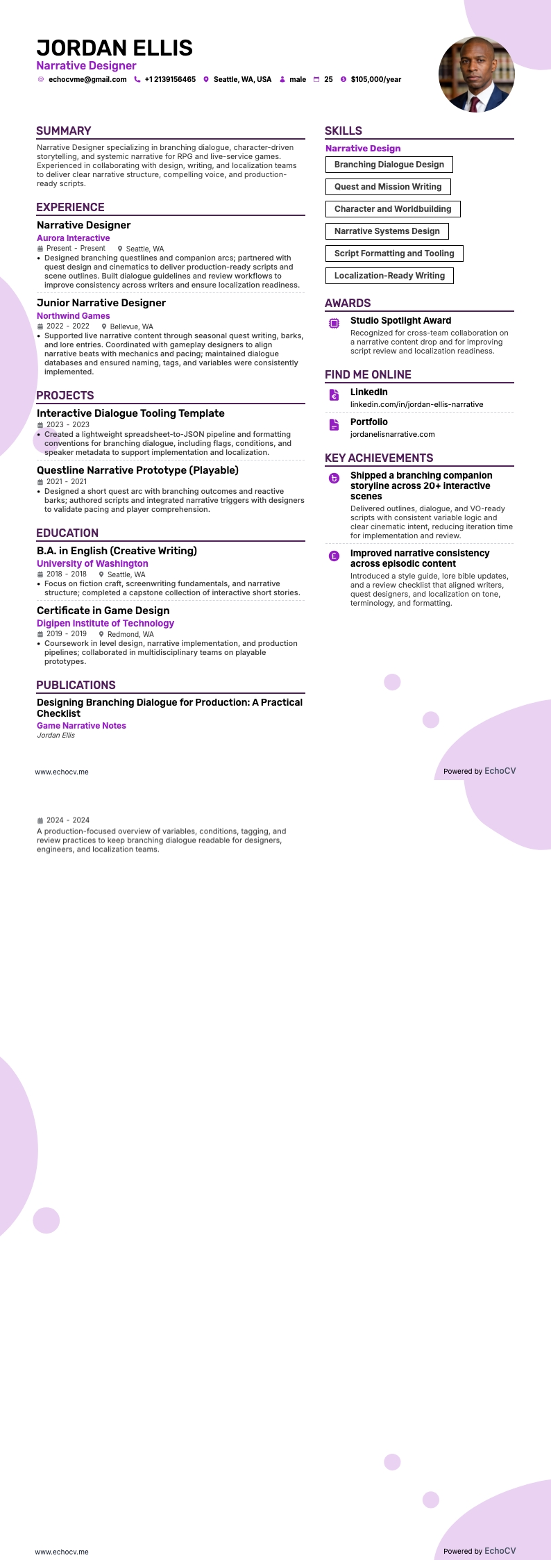 Narrative Designer resume example