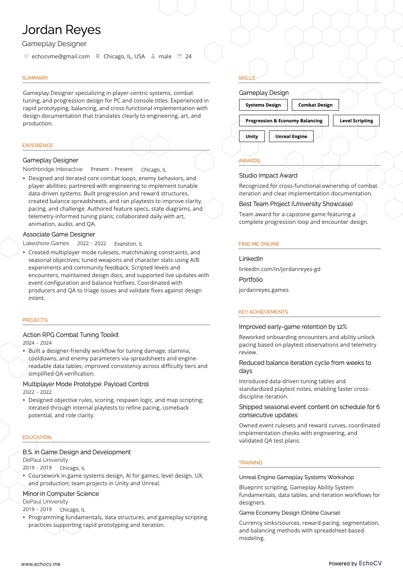 Game Designer resume example