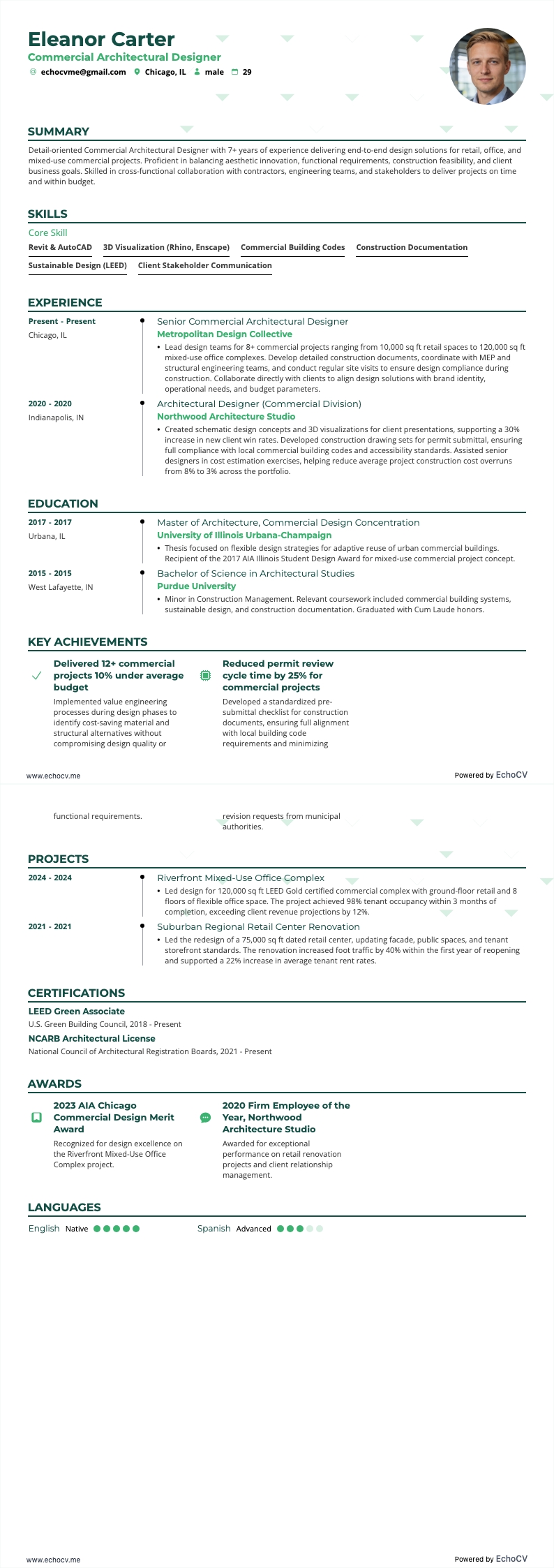Diseñador arquitectónico comercial example resume