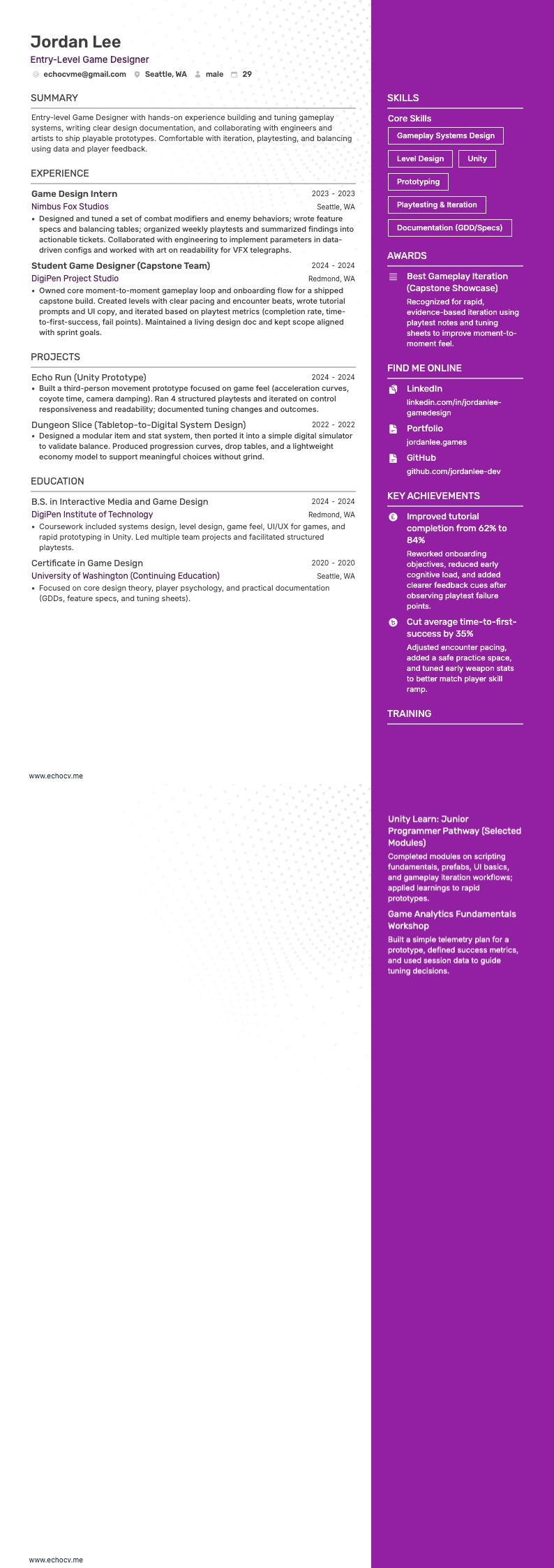 게임 디자이너 resume example