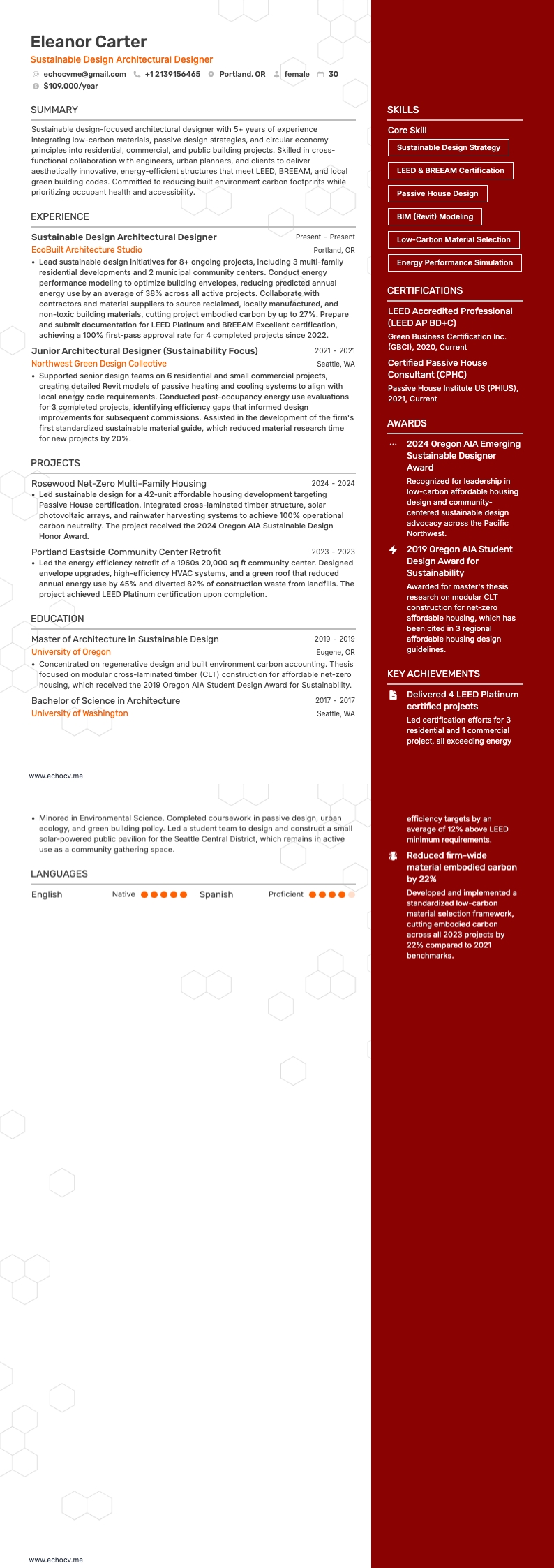 Diseñador arquitectónico de diseño sostenible example resume