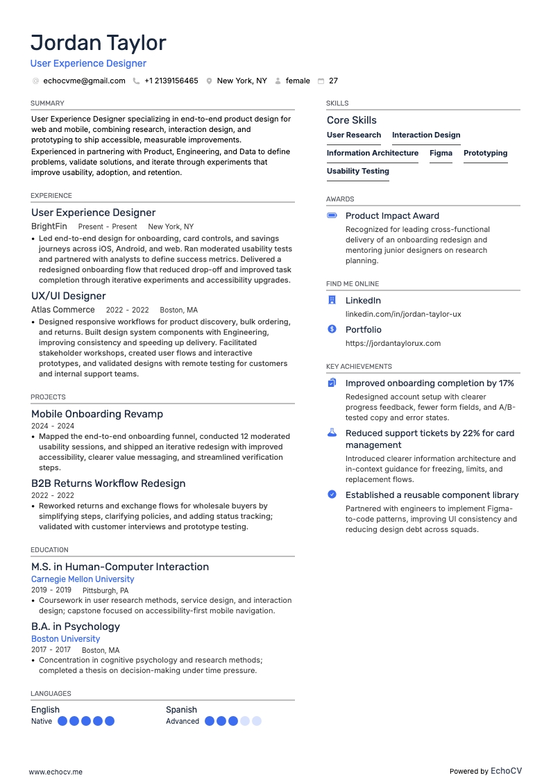 Nhà thiết kế trải nghiệm người dùng example resume