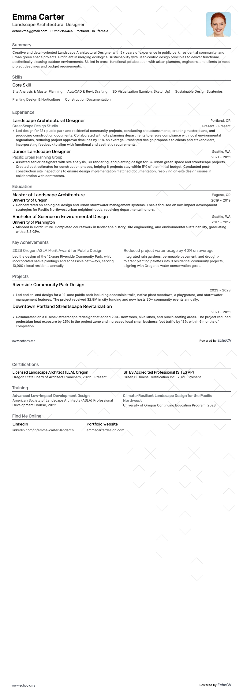 Diseñador de arquitectura del paisaje example resume