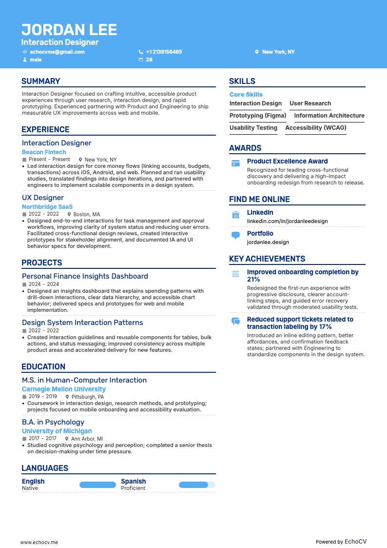 インタラクティブデザイナー resume example