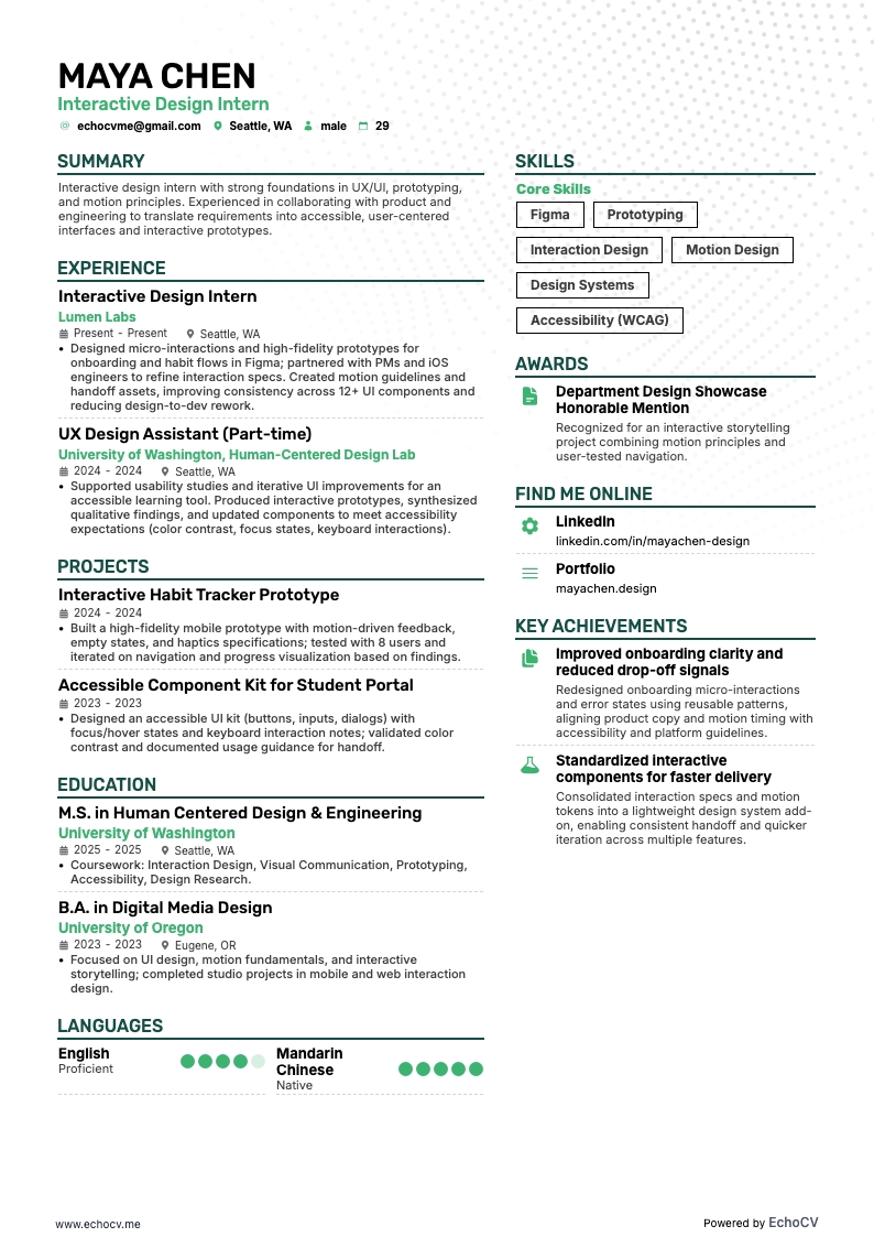 Designer interactif resume example