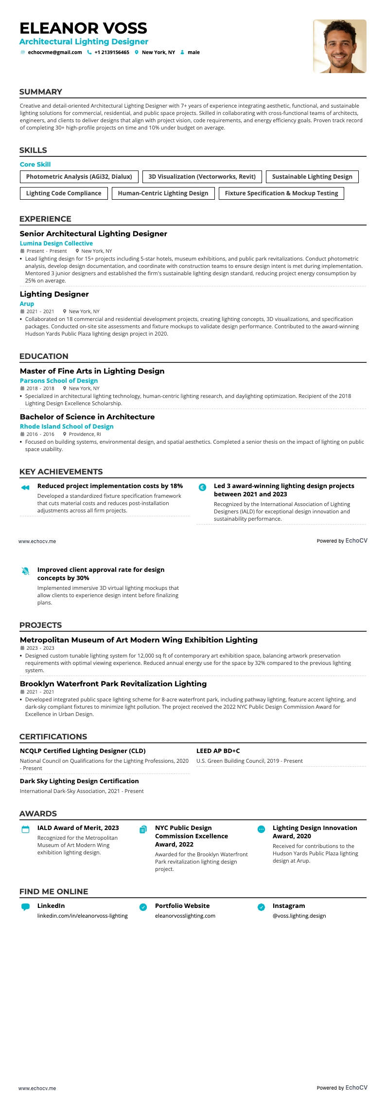 Diseñador de iluminación arquitectónica example resume