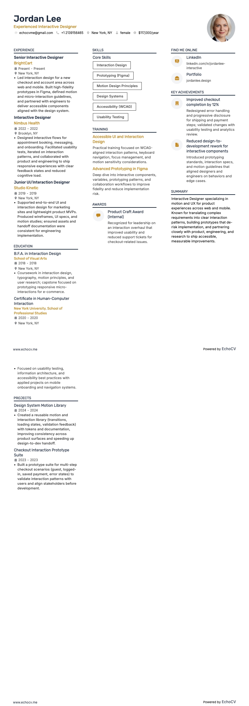 交互设计师 resume example