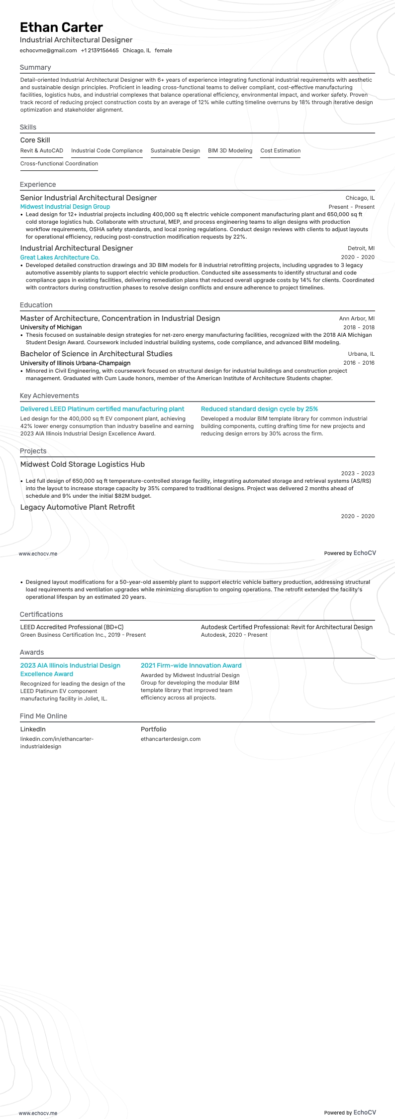 Diseñador arquitectónico industrial example resume