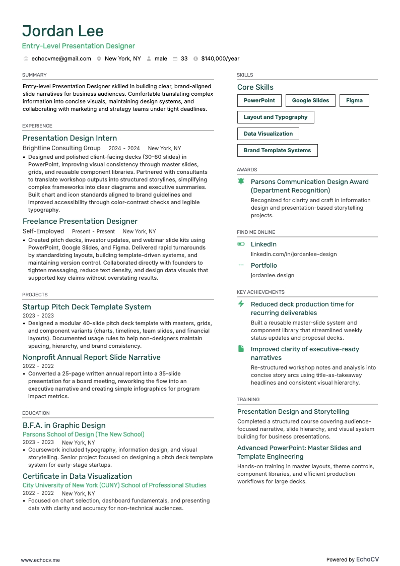 Designer de présentations resume example