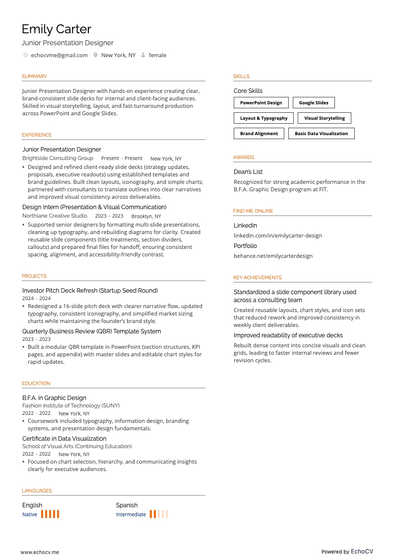 Designer de présentations junior resume example