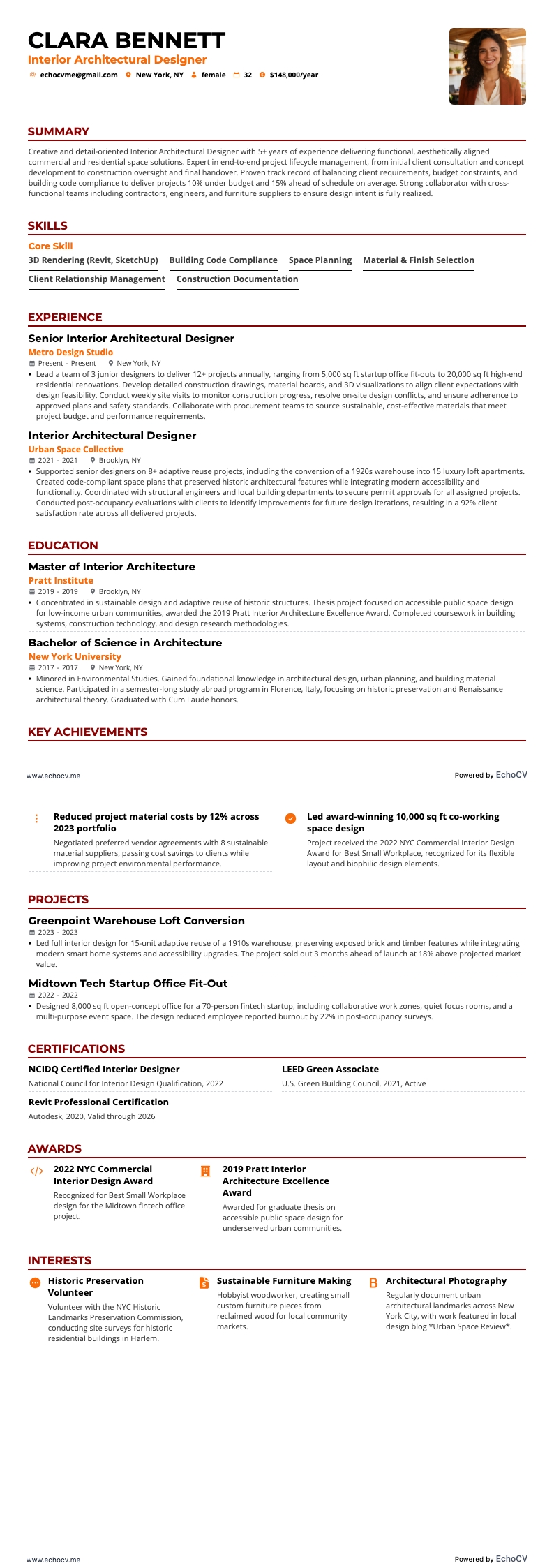 Diseñador de arquitectura de interiores example resume