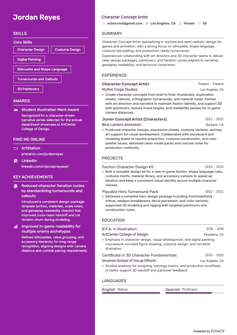 Concept art resume example