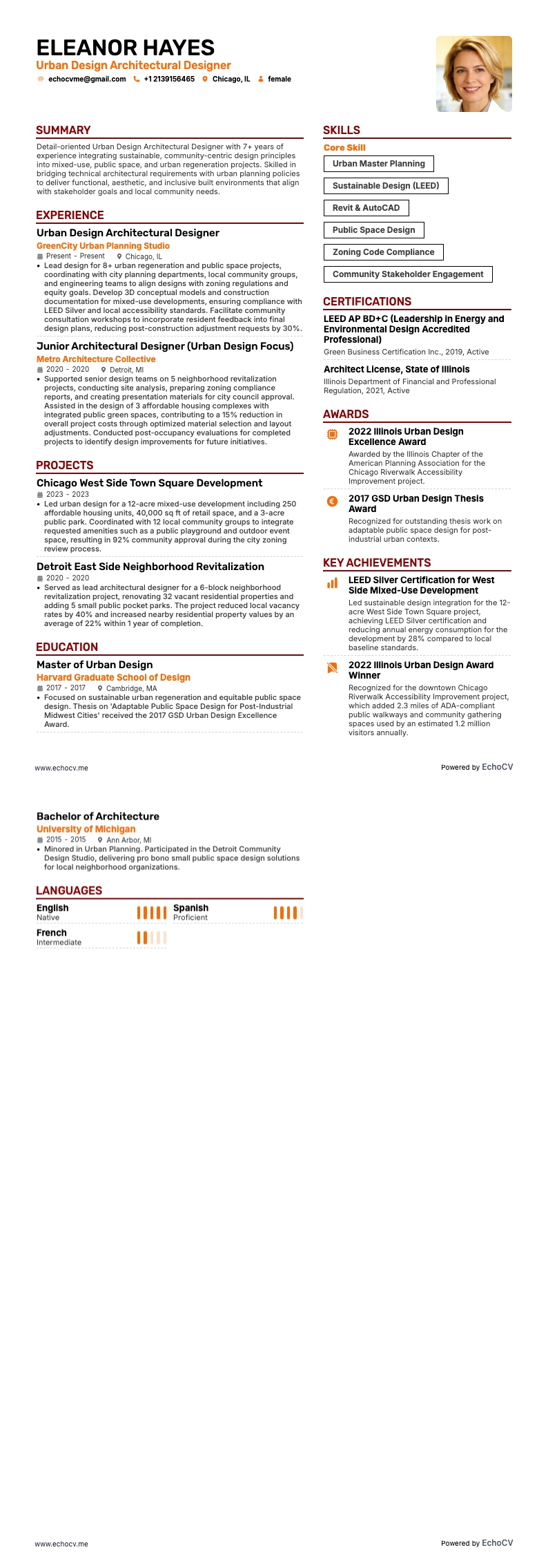 Diseñador arquitectónico de diseño urbano example resume