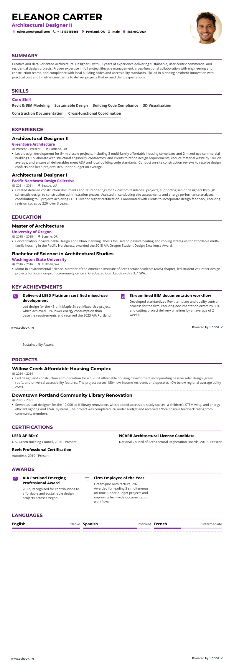 Diseñador arquitectónico II example resume