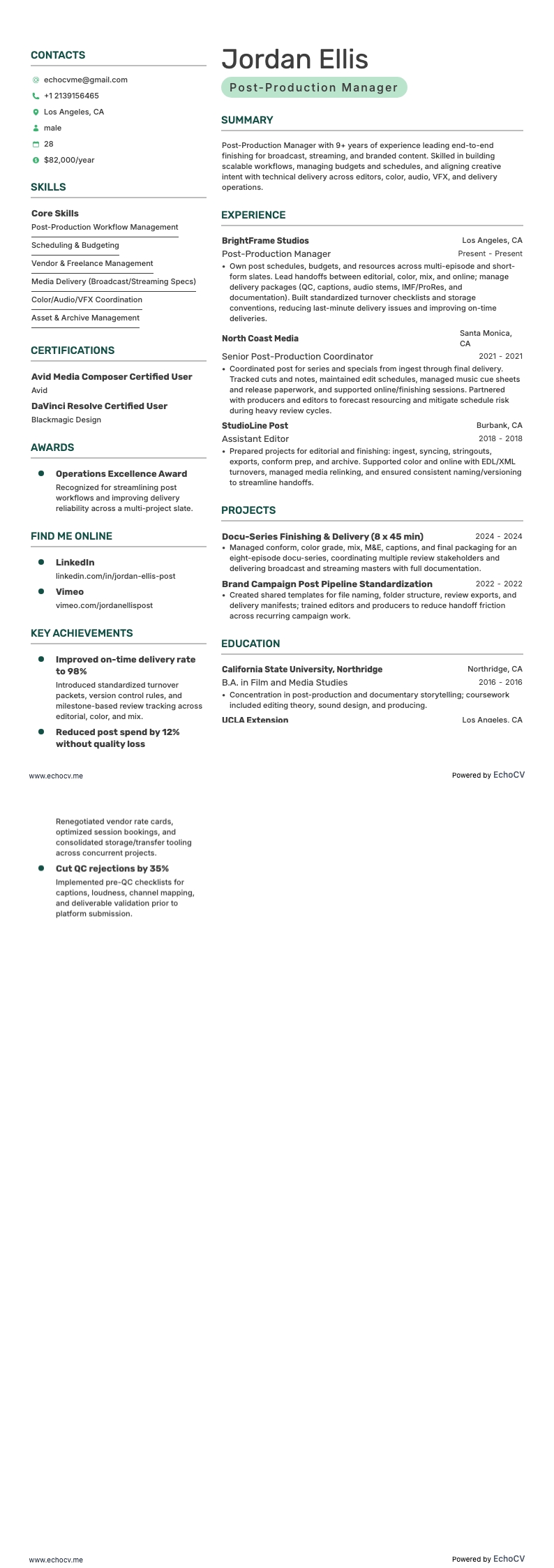 Videoproductiemanager resume example