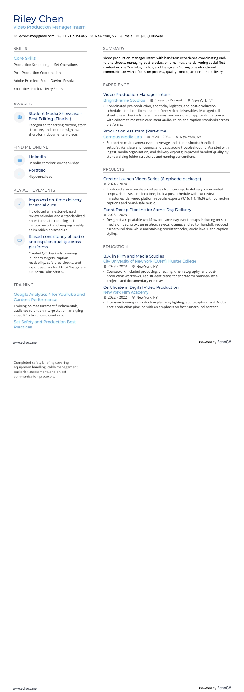 视频制作管理实习生 resume example