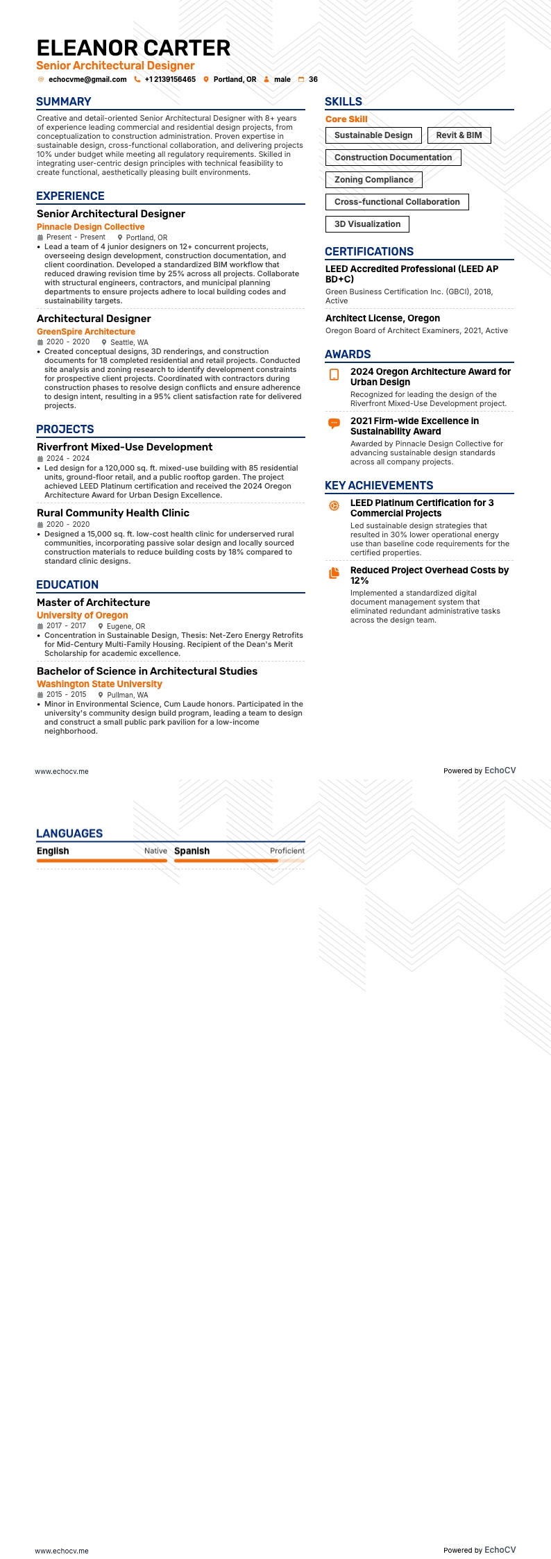 Diseñador arquitectónico sénior example resume