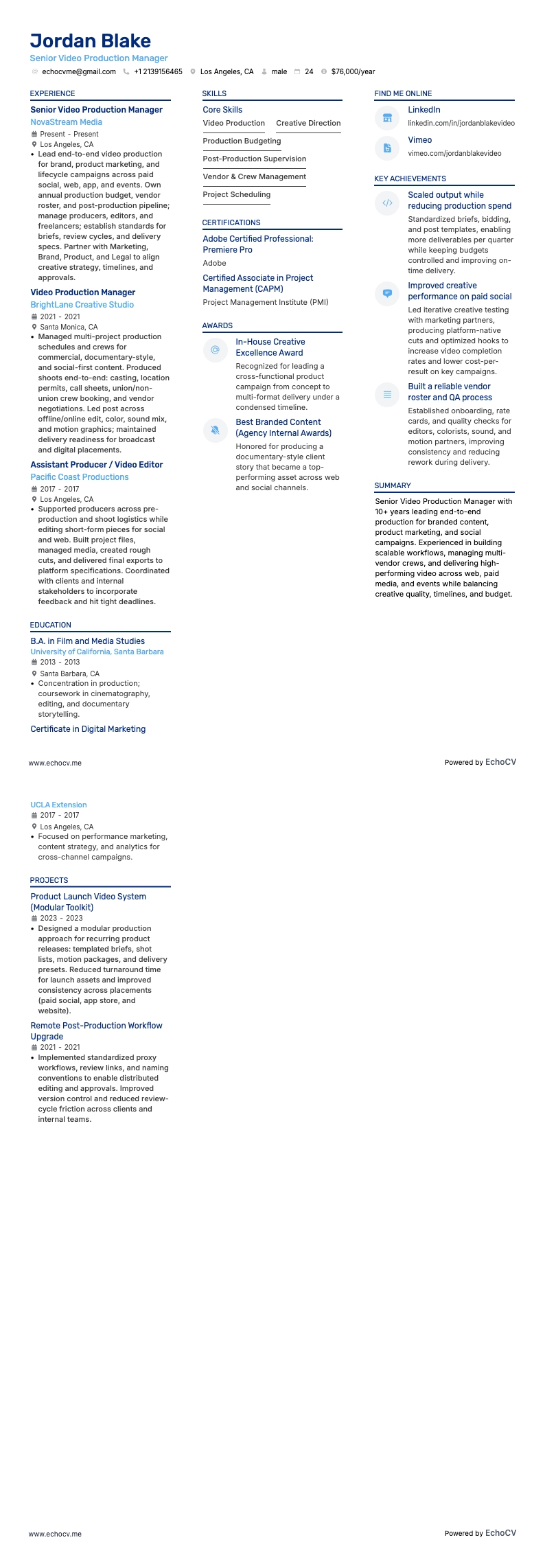 Senior videoproductiemanager example resume